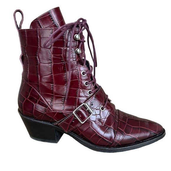 All Saints Katy Croc-Embossed Boots in Bordeaux Croc Leather US 7 - Picture 3 of 13